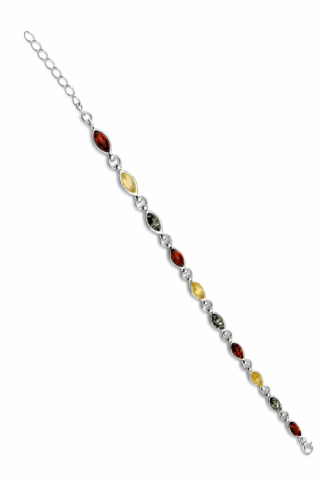 Sterling Silver Multicolor Baltic Amber Link Bracelet – Cognac, Lemon & Green – with extension chain