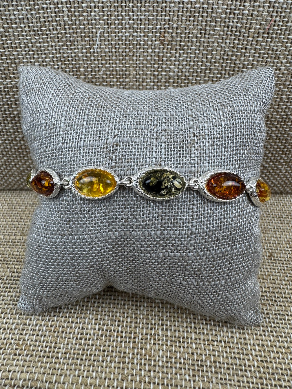 Sterling Silver Multicolor Baltic Amber Link Bracelet – Cognac, Lemon & Green – 7” + 1.5” Extension