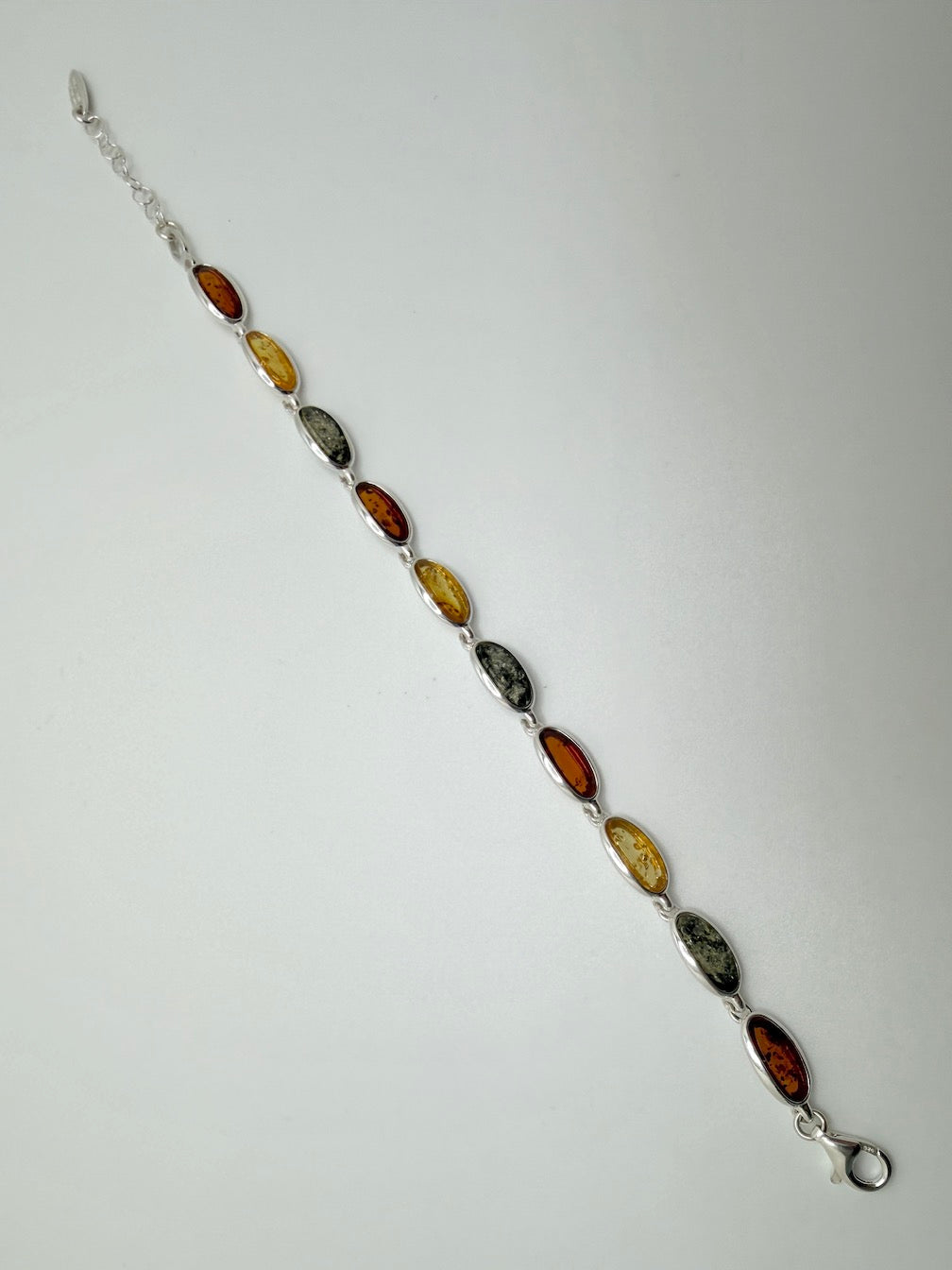 Sterling Silver Multicolor Baltic Amber Link Bracelet – Cognac, Lemon & Green – with extension chain
