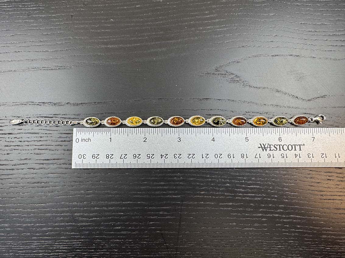 Sterling Silver Multicolor Baltic Amber Link Bracelet - Cognac, Lemon & Green - 7" + 1.5" Extension