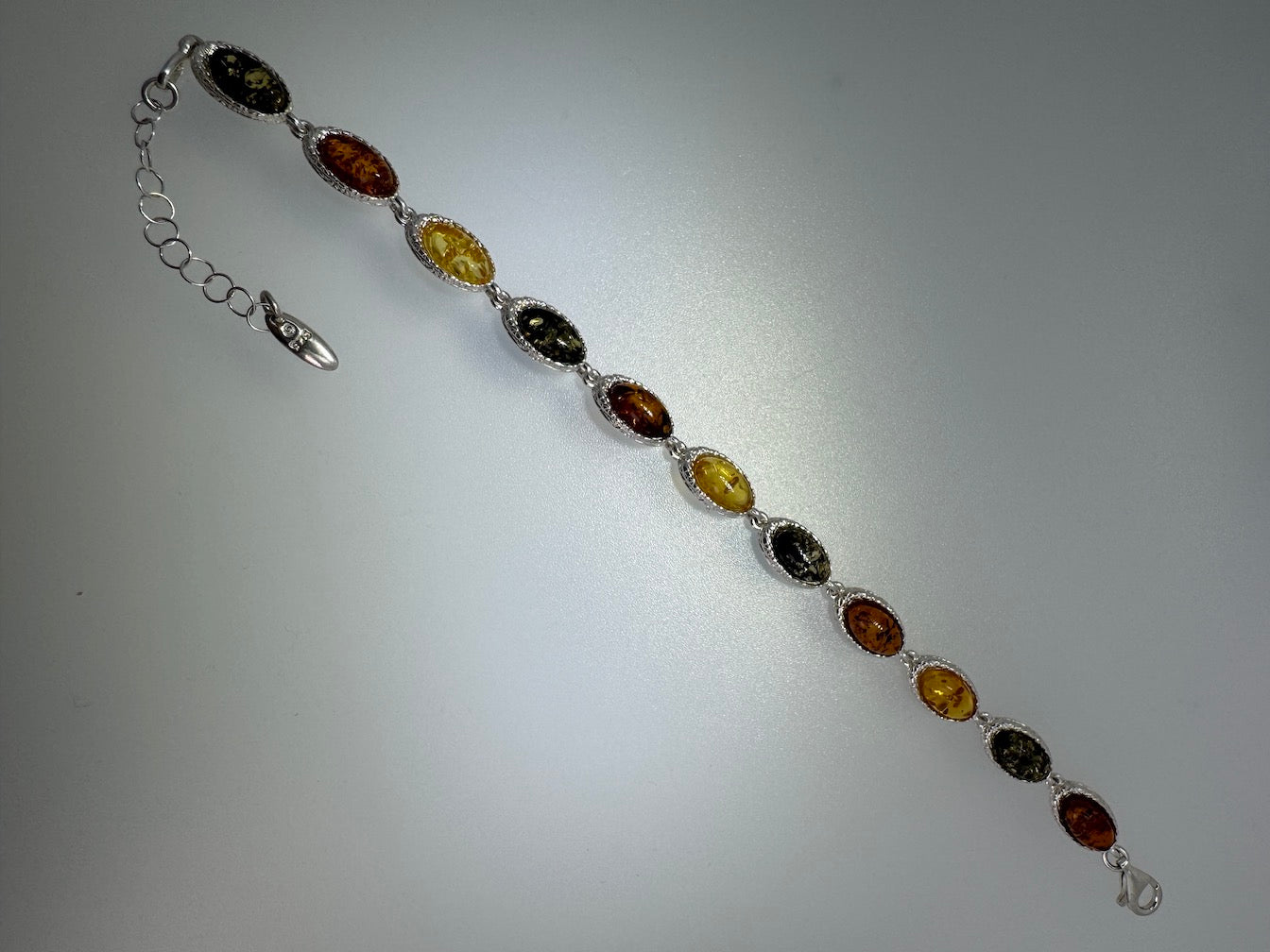 Sterling Silver Multicolor Baltic Amber Link Bracelet – Cognac, Lemon & Green – 7” + 1.5” Extension