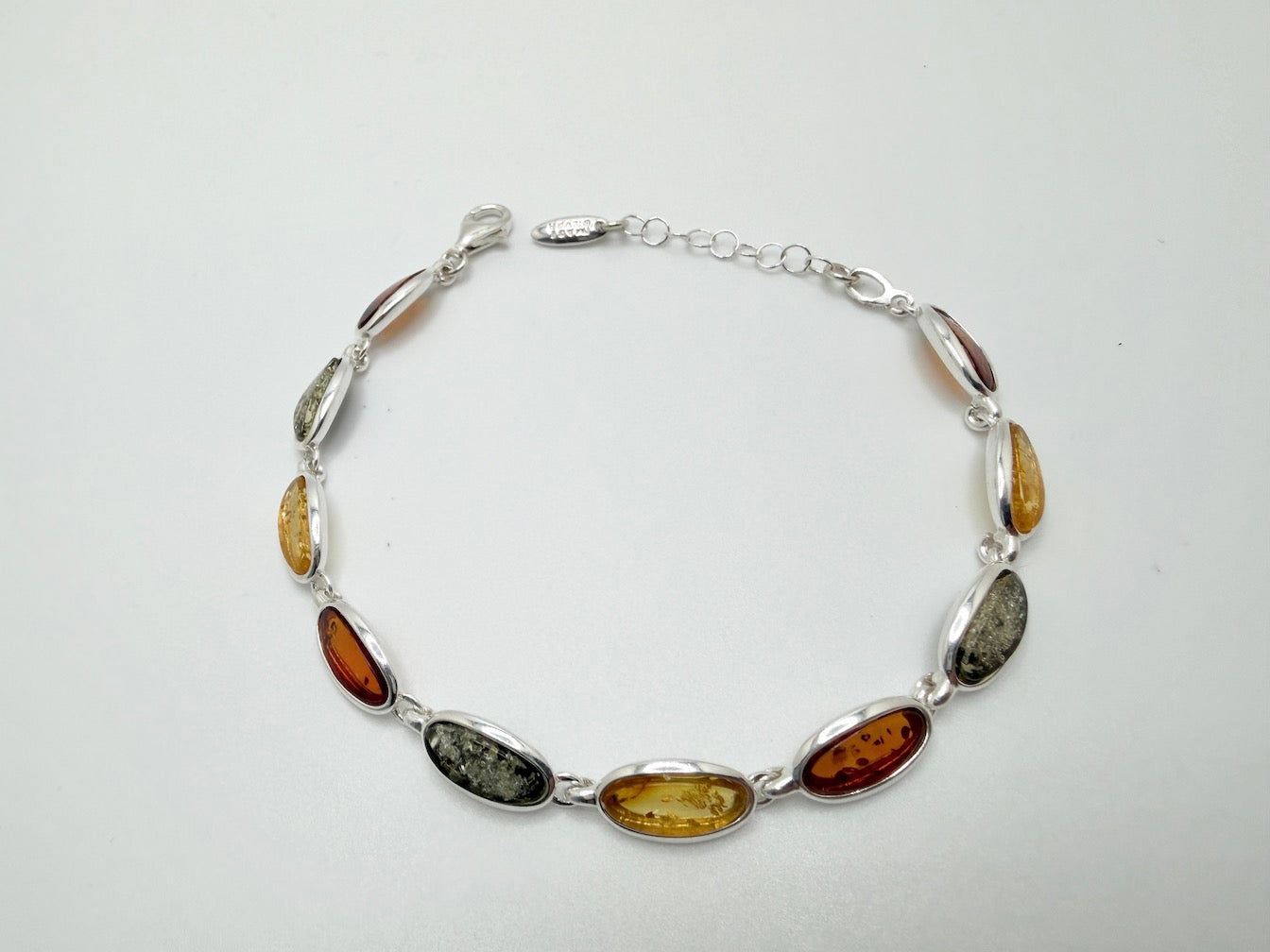 Sterling Silver Multicolor Baltic Amber Link Bracelet – Cognac, Lemon & Green – with extension chain