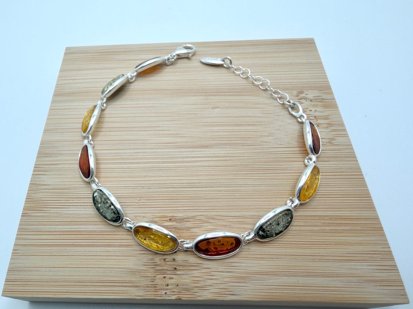 Sterling Silver Multicolor Baltic Amber Link Bracelet – Cognac, Lemon & Green – with extension chain