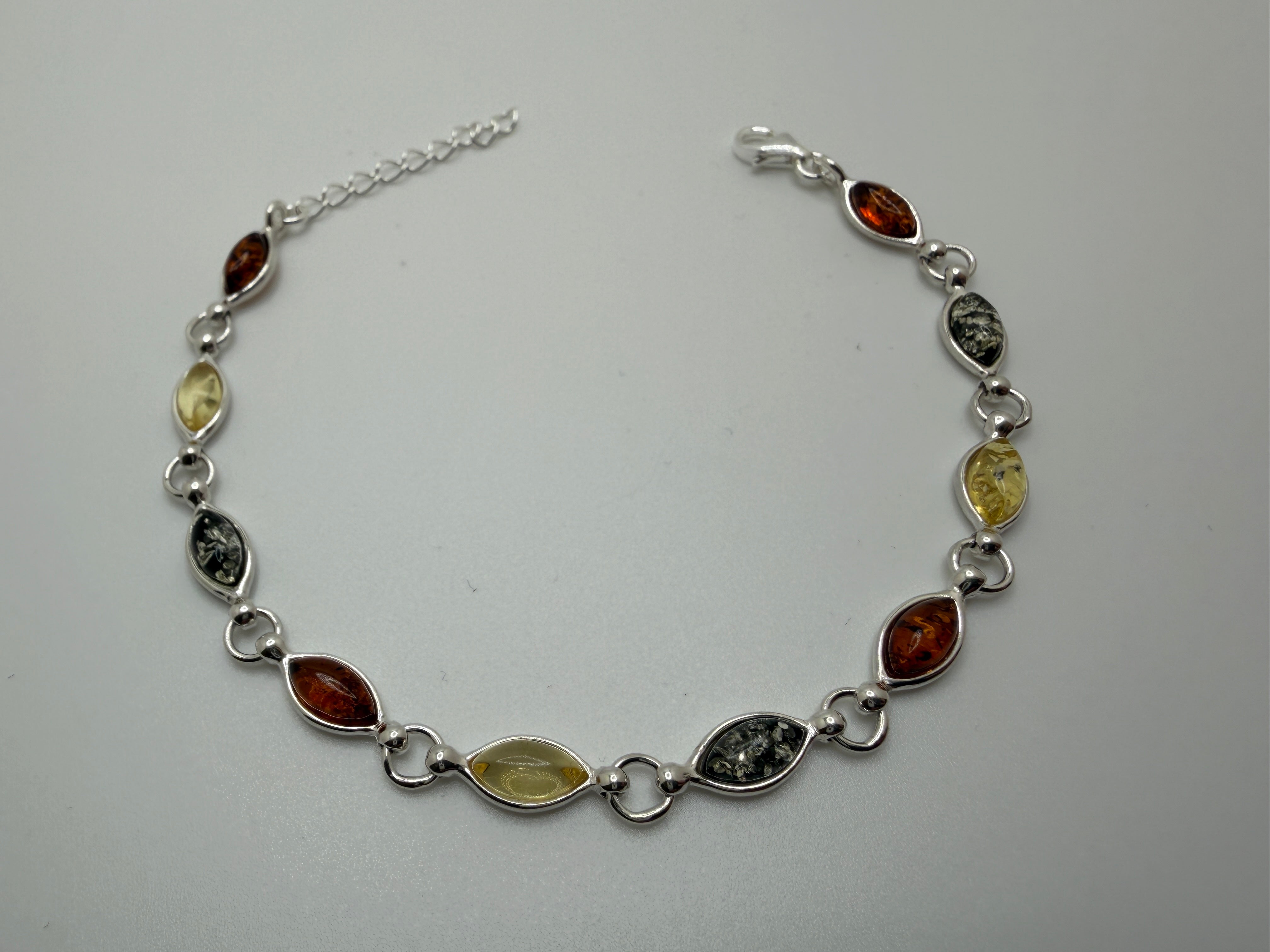 Sterling Silver Multicolor Baltic Amber Link Bracelet – Cognac, Lemon & Green – with extension chain
