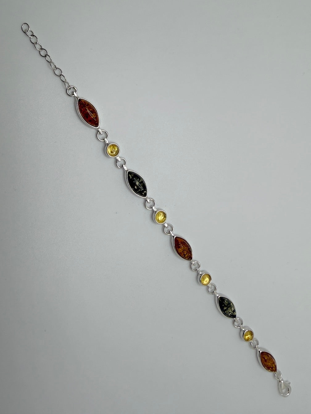 Sterling Silver Multicolor Baltic Amber Link Bracelet – Cognac, Lemon & Green – 7” + 1.0” Extension