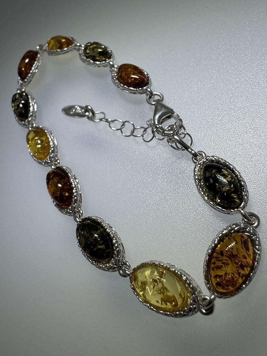 Sterling Silver Multicolor Baltic Amber Link Bracelet - Cognac, Lemon & Green - 7" + 1.5" Extension