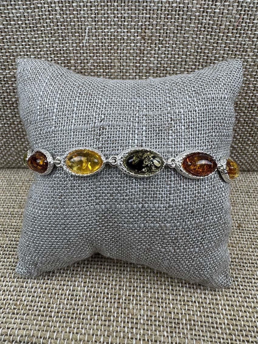 Sterling Silver Multicolor Baltic Amber Link Bracelet - Cognac, Lemon & Green - 7" + 1.5" Extension