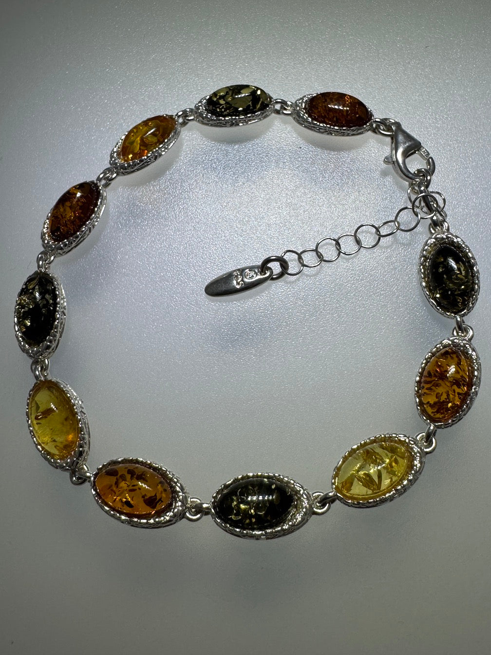 Sterling Silver Multicolor Baltic Amber Link Bracelet – Cognac, Lemon & Green – 7” + 1.5” Extension