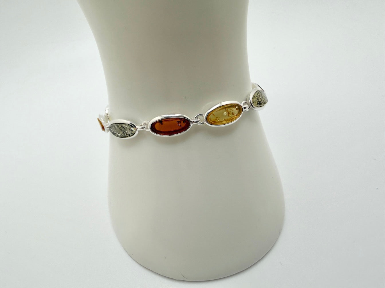 Sterling Silver Multicolor Baltic Amber Link Bracelet – Cognac, Lemon & Green – with extension chain
