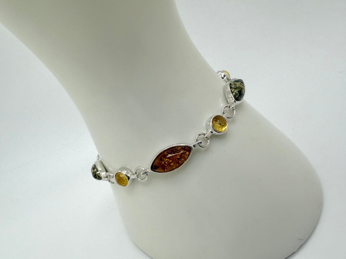 Sterling Silver Multicolor Baltic Amber Link Bracelet – Cognac, Lemon & Green – 7” + 1.0” Extension