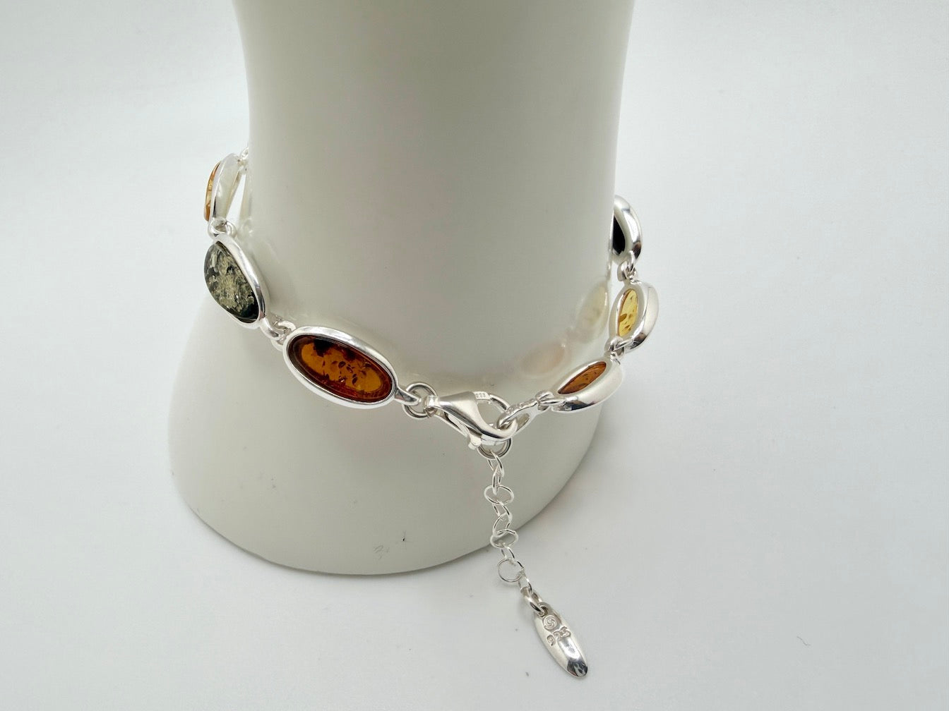 Sterling Silver Multicolor Baltic Amber Link Bracelet – Cognac, Lemon & Green – with extension chain