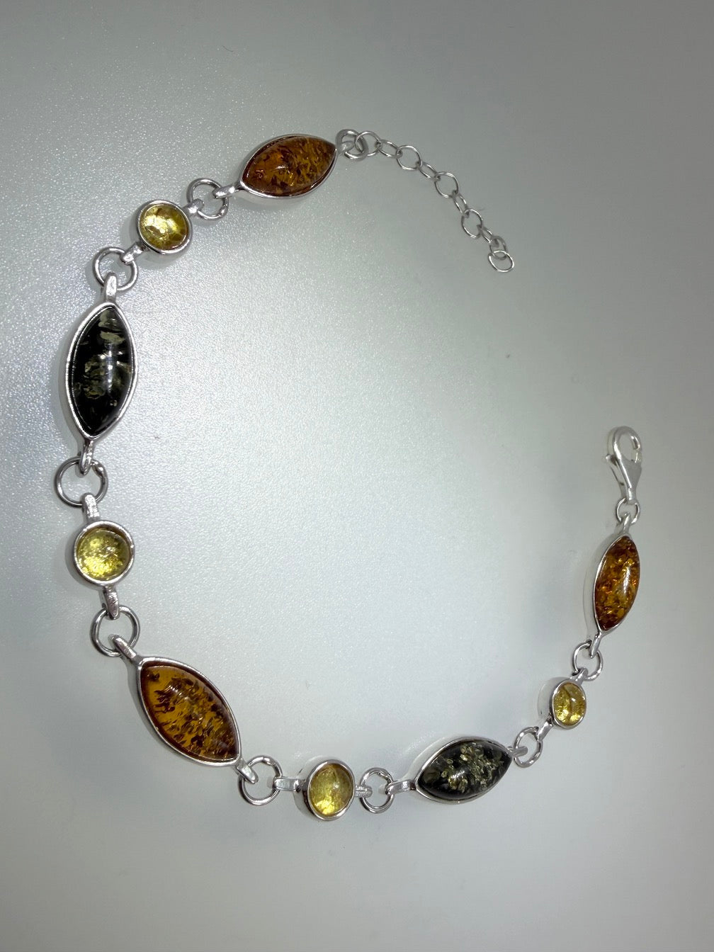 Sterling Silver Multicolor Baltic Amber Link Bracelet – Cognac, Lemon & Green – 7” + 1.0” Extension
