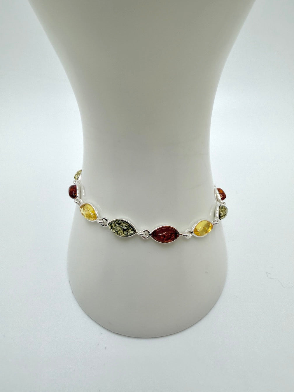Sterling Silver Multicolor Baltic Amber Link Bracelet – Cognac, Lemon & Green – 7” + 1.5” Extension