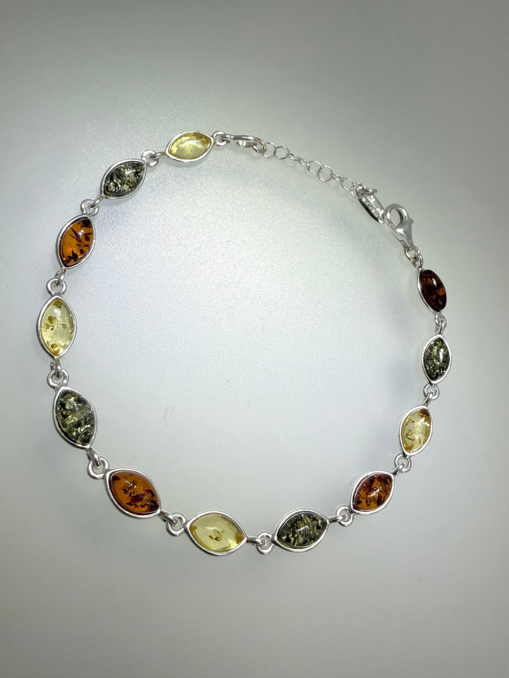 Sterling Silver Multicolor Baltic Amber Link Bracelet – Cognac, Lemon & Green – 7” + 1.5” Extension