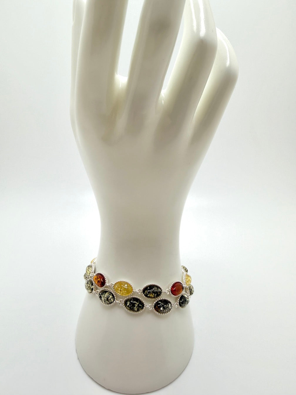 Sterling Silver Multicolor Baltic Amber Link Bracelet – Multi color or all Green – 7” + 1.5” Extension