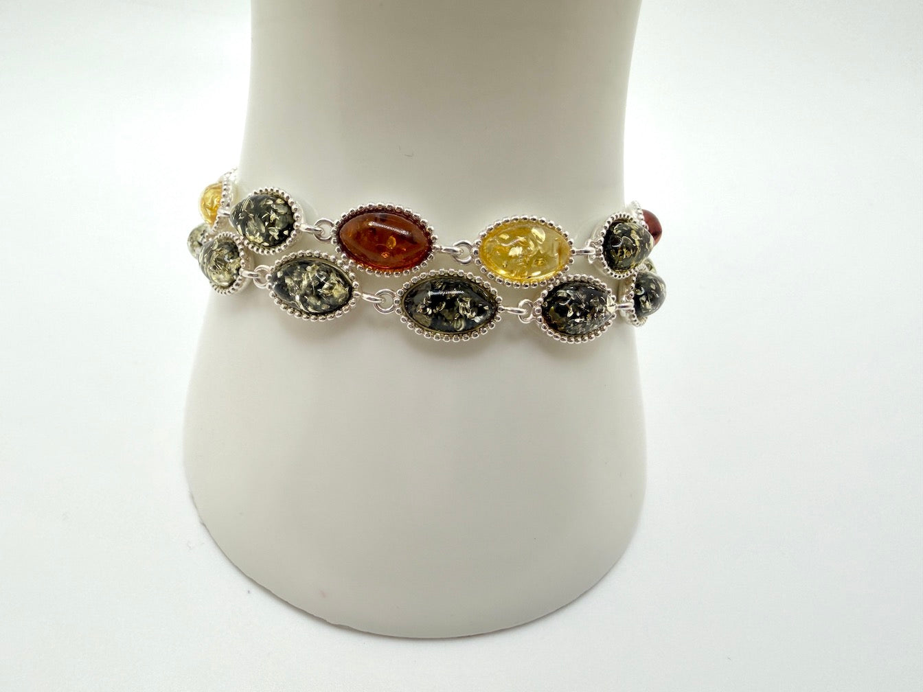 Sterling Silver Multicolor Baltic Amber Link Bracelet – Multi color or all Green – 7” + 1.5” Extension