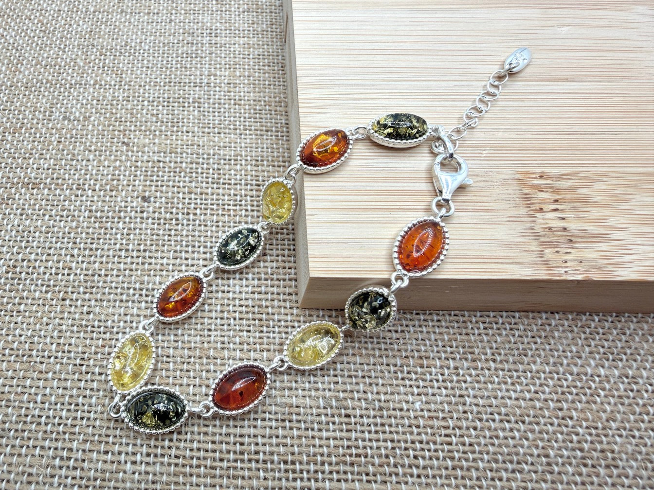 Sterling Silver Multicolor Baltic Amber Link Bracelet – Multi color or all Green – 7” + 1.5” Extension