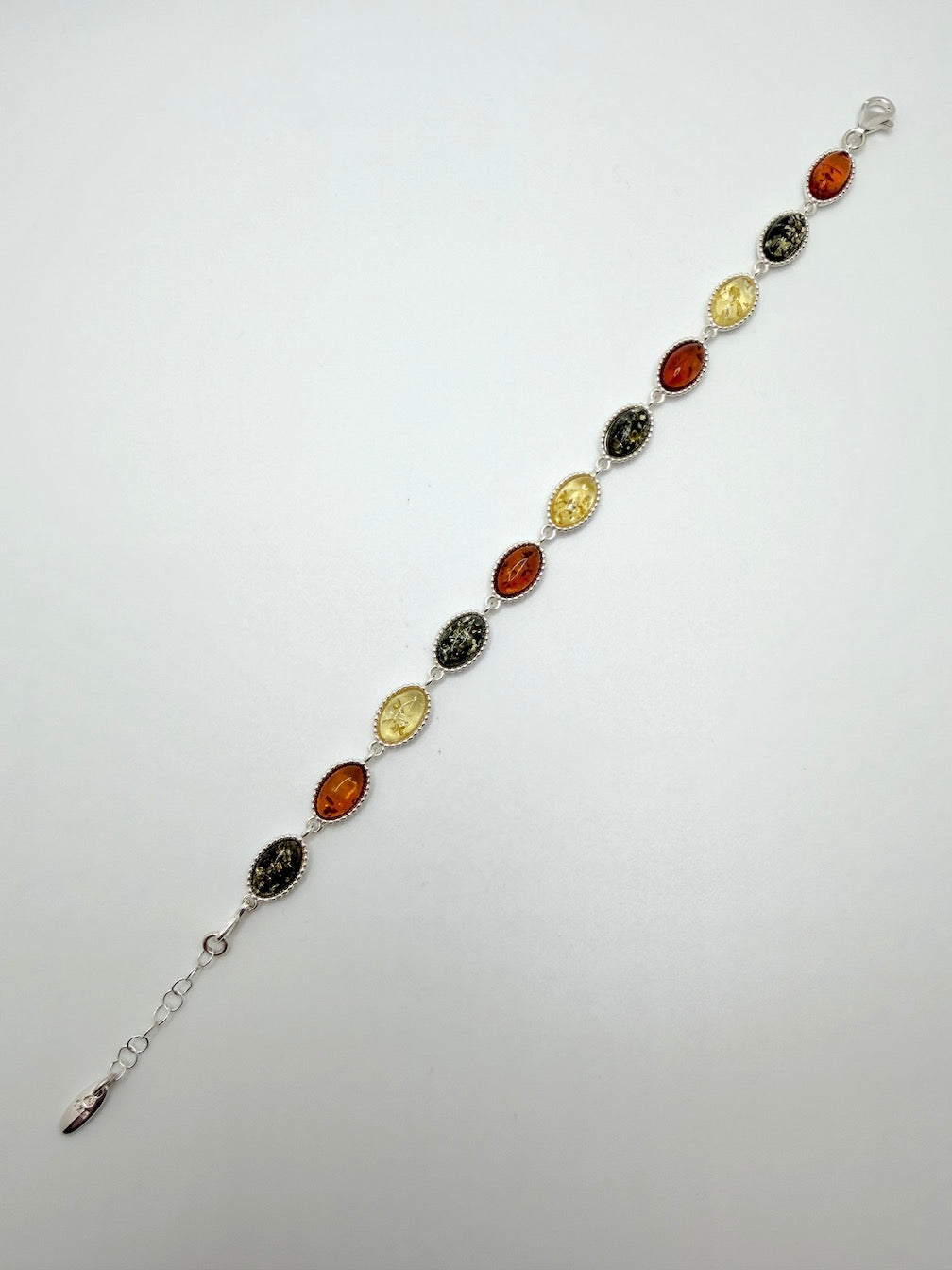Sterling Silver Multicolor Baltic Amber Link Bracelet – Multi color or all Green – 7” + 1.5” Extension