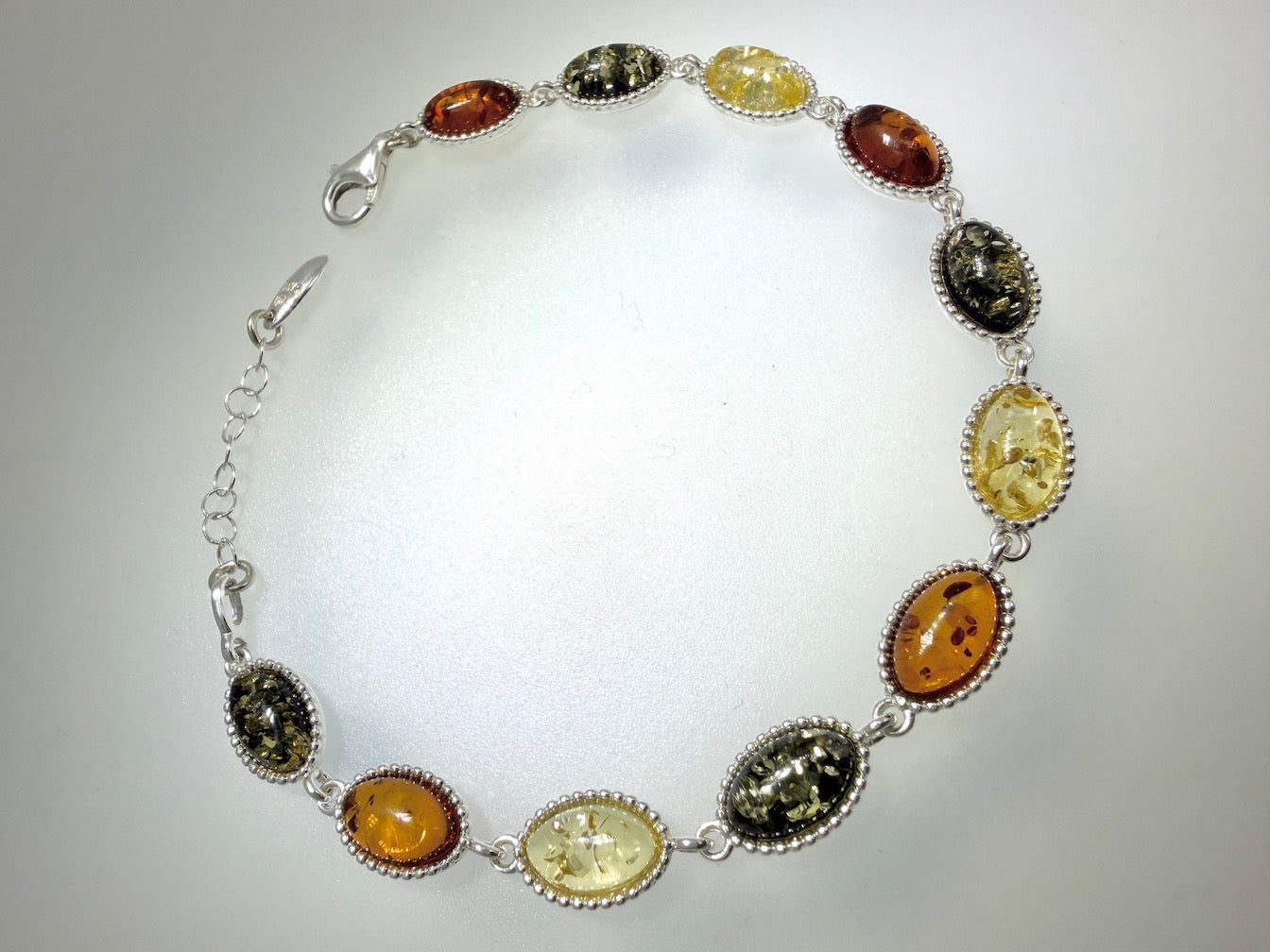 Sterling Silver Multicolor Baltic Amber Link Bracelet – Multi color or all Green – 7” + 1.5” Extension