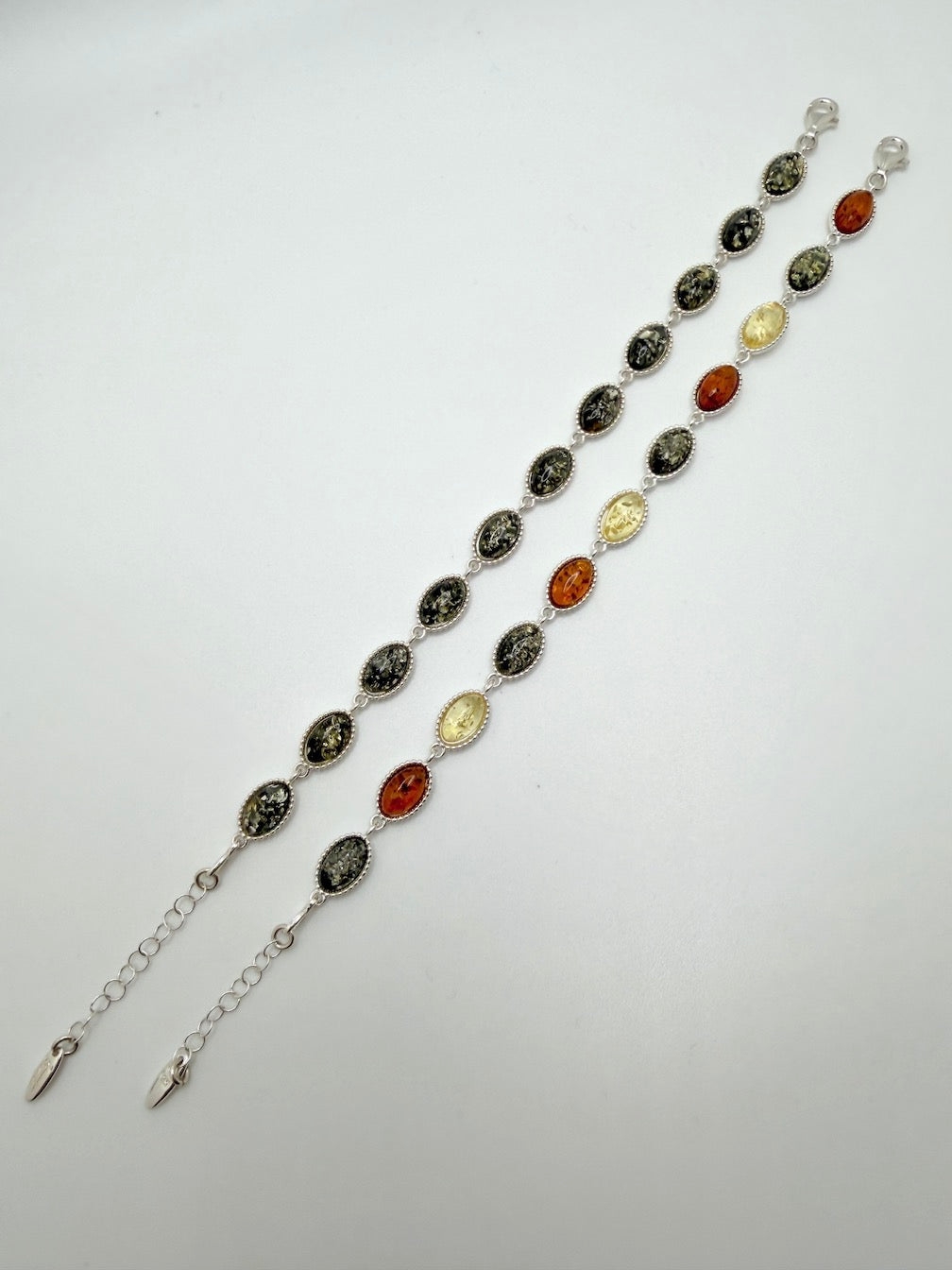 Sterling Silver Multicolor Baltic Amber Link Bracelet – Multi color or all Green – 7” + 1.5” Extension