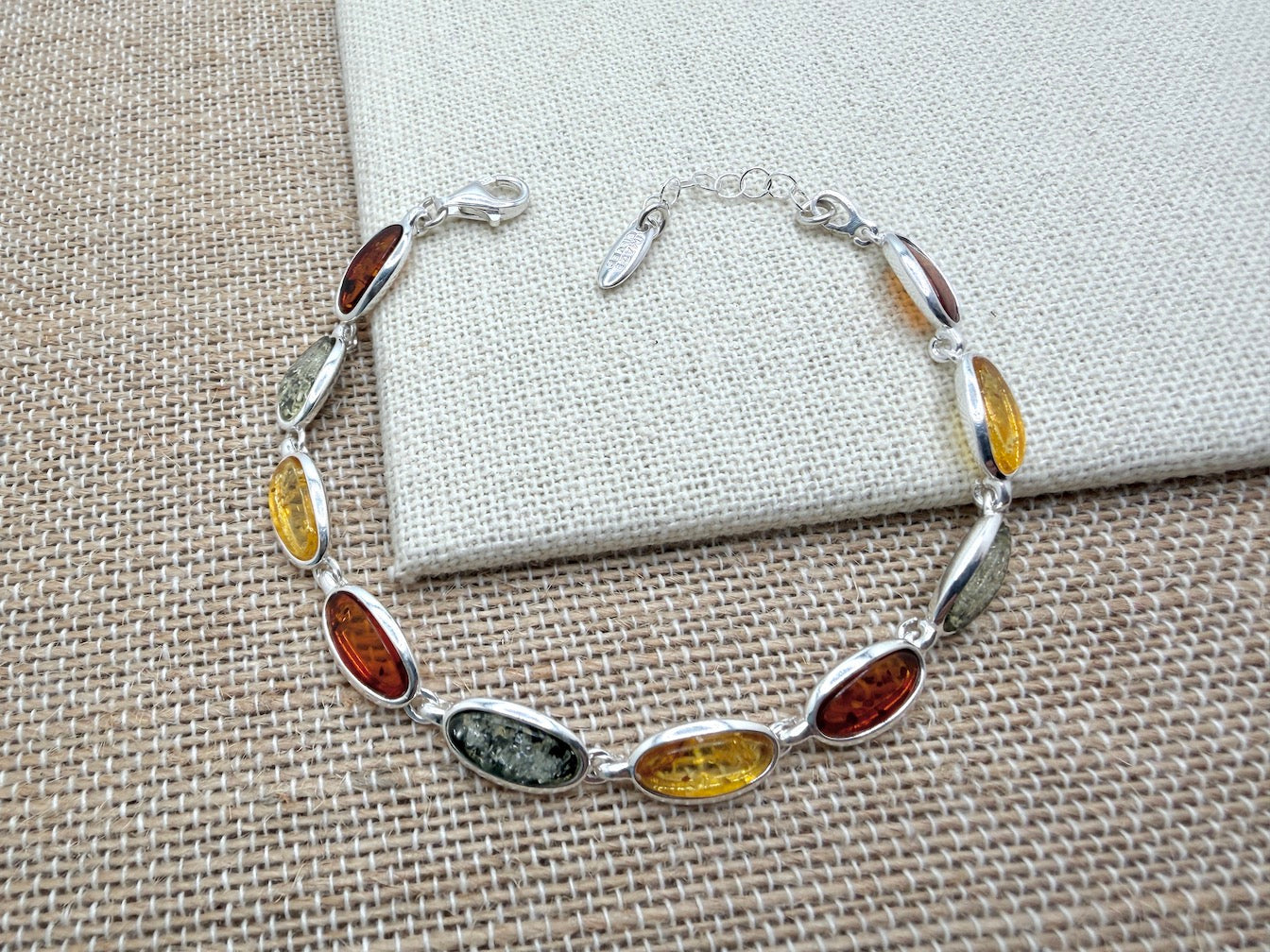 Sterling Silver Multicolor Baltic Amber Link Bracelet – Cognac, Lemon & Green – with extension chain