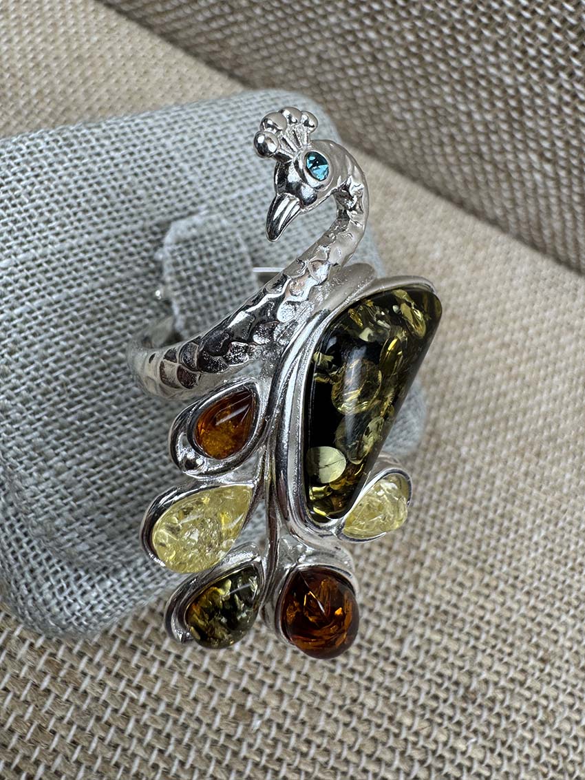 Sterling Silver Multicolor Baltic Amber Peacock Cocktail Ring - Adjustable Open Shank