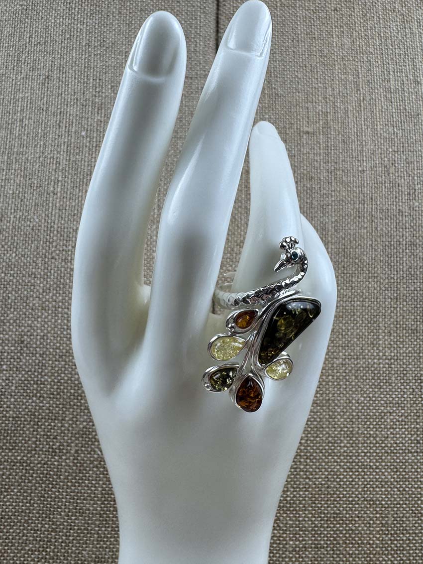 Sterling Silver Multicolor Baltic Amber Peacock Cocktail Ring - Adjustable Open Shank