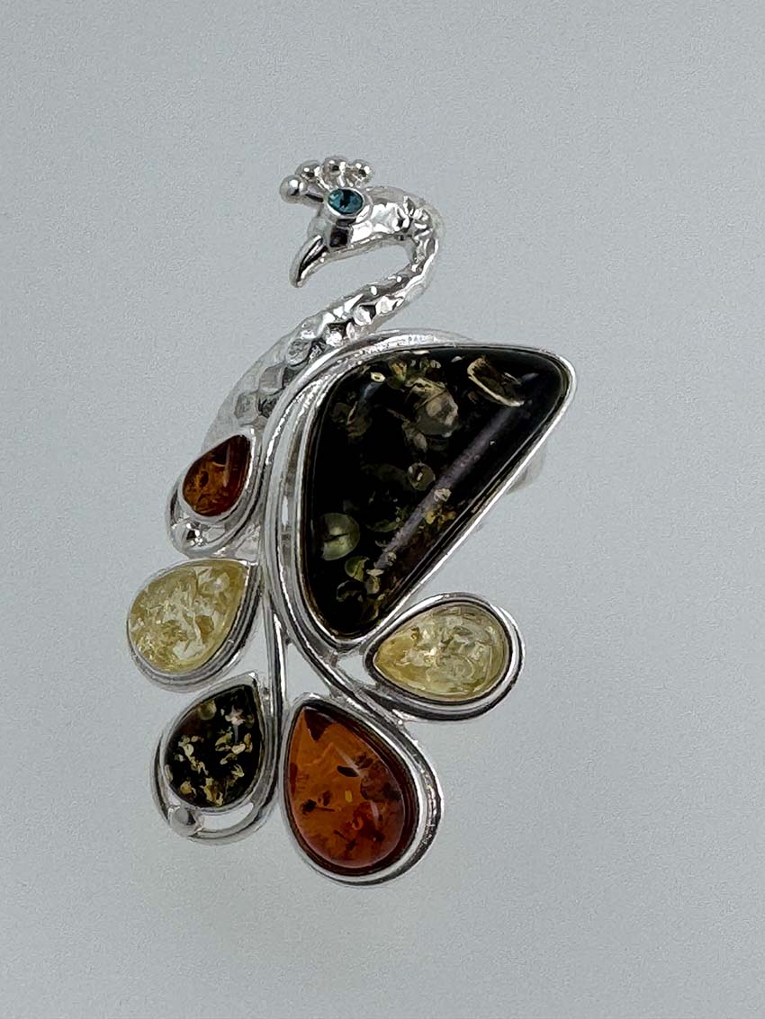 Sterling Silver Multicolor Baltic Amber Peacock Cocktail Ring - Adjustable Open Shank