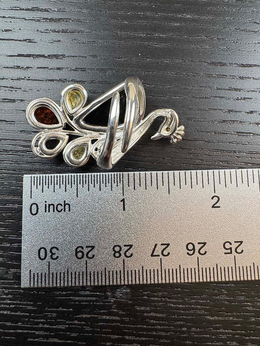 Sterling Silver Multicolor Baltic Amber Peacock Cocktail Ring - Adjustable Open Shank