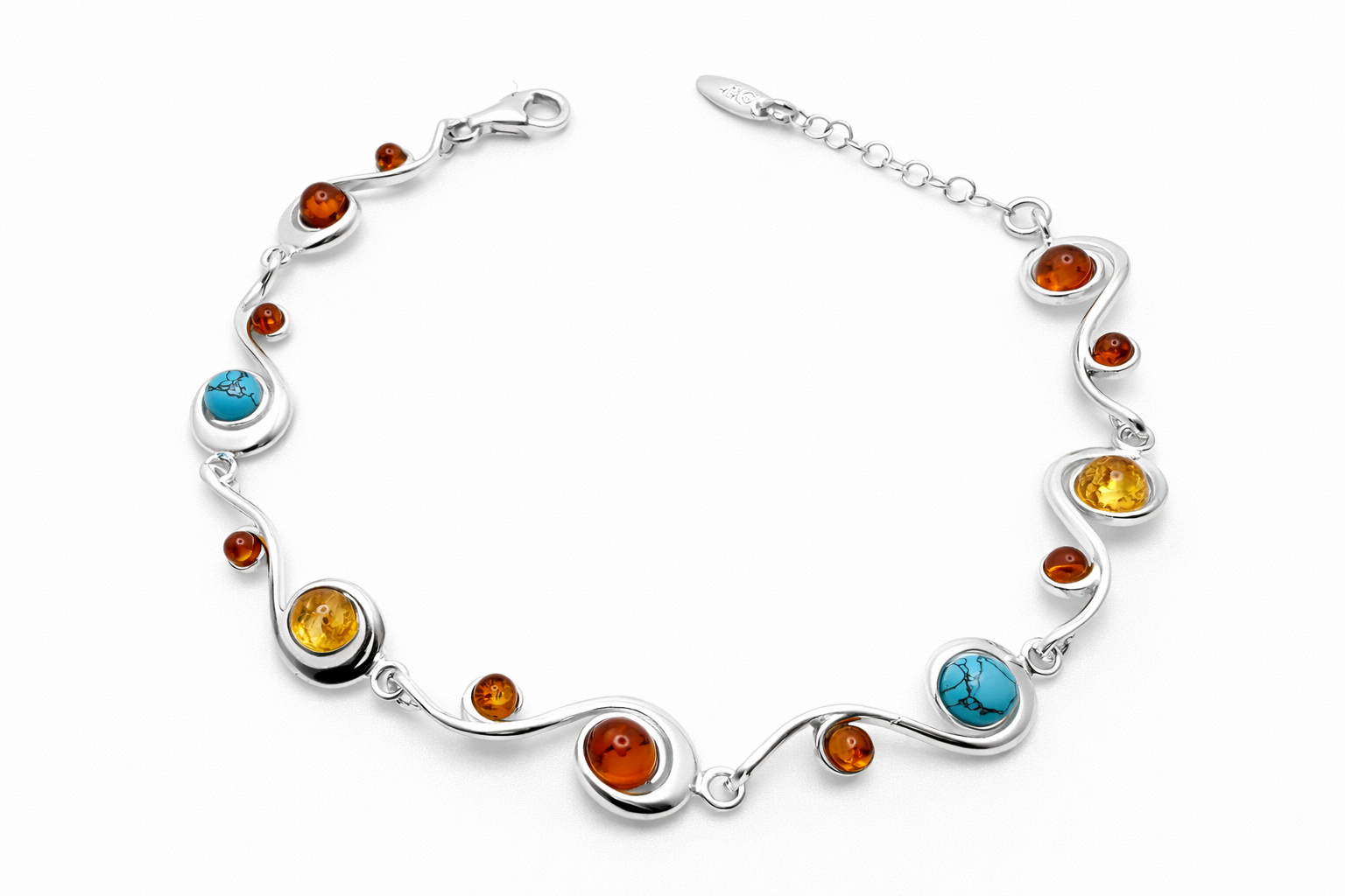 Sterling Silver Multicolor Baltic Amber and Turquoise Link Bracelet – Cognac, Lemon & Green with extension chain