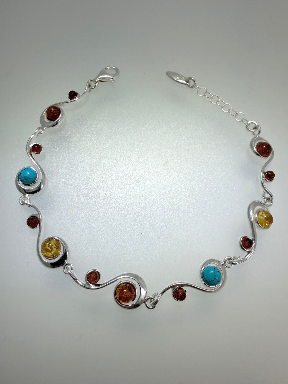 Sterling Silver Multicolor Baltic Amber and Turquoise Link Bracelet – Cognac, Lemon & Green with extension chain