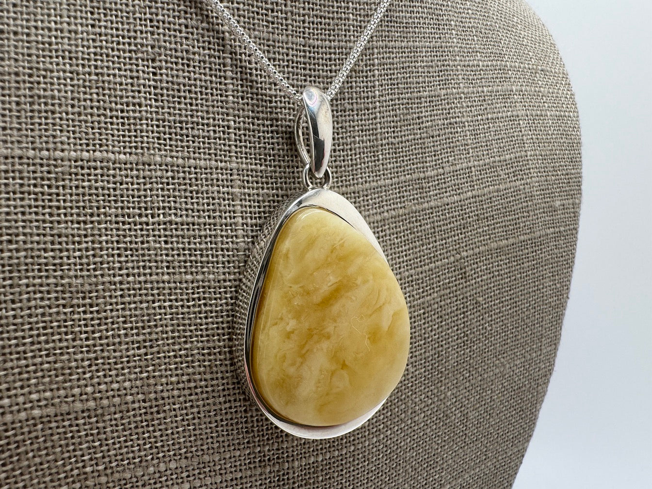 Sterling Silver Organic Pendant with Rare Butterscotch Baltic Amber – Modern Statement Necklace