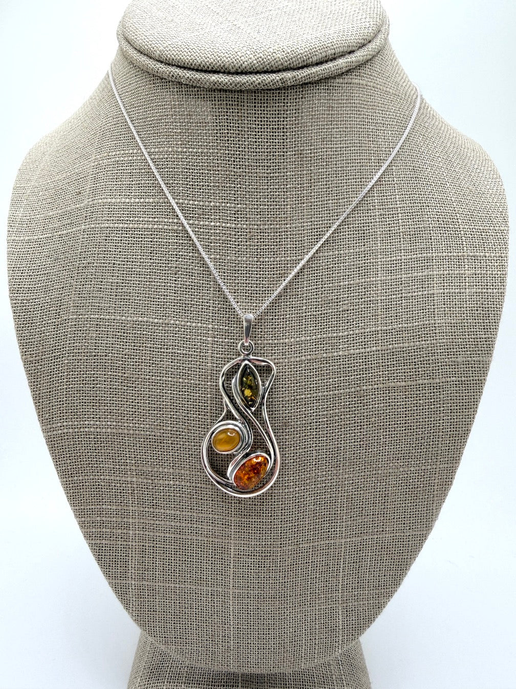 Sterling Silver Organic Swirl Baltic Amber Pendant – Honey, Green & Butterscotch Amber Necklace on Box Chain