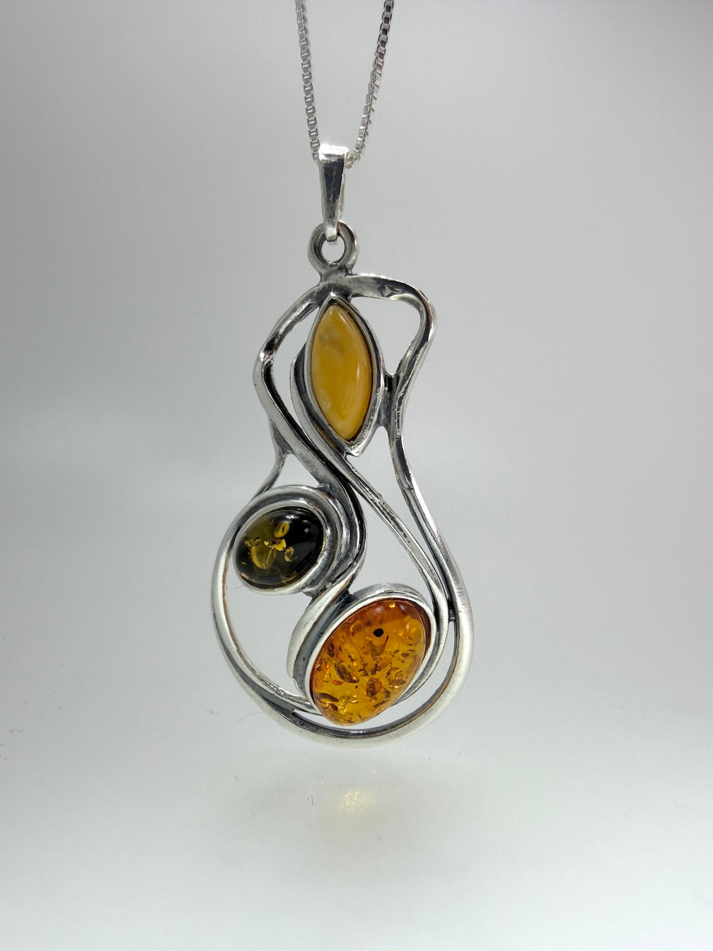 Sterling Silver Organic Swirl Baltic Amber Pendant – Honey, Green & Butterscotch Amber Necklace on Box Chain