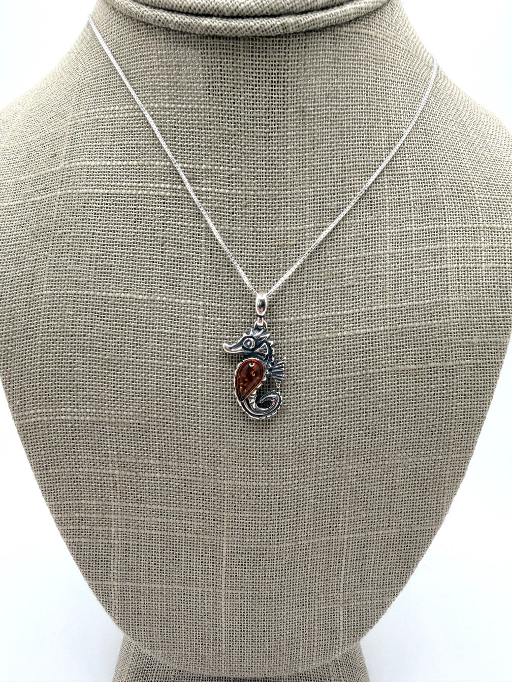 Sterling Silver Seahorse Baltic Amber Pendant – Honey Amber Sea Horse Necklace on Box Chain
