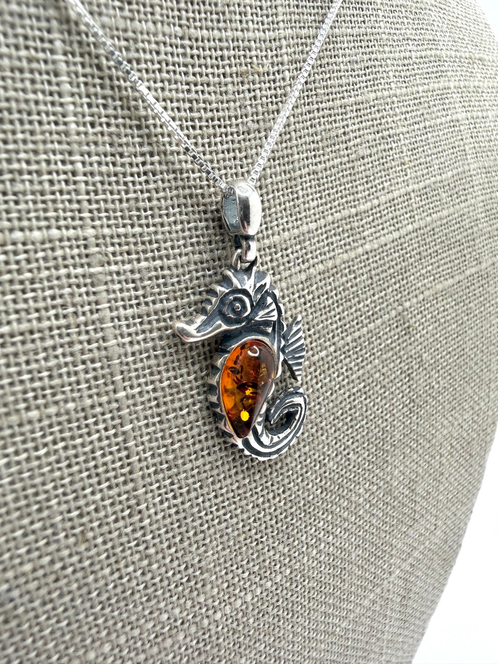 Sterling Silver Seahorse Baltic Amber Pendant – Honey Amber Sea Horse Necklace on Box Chain