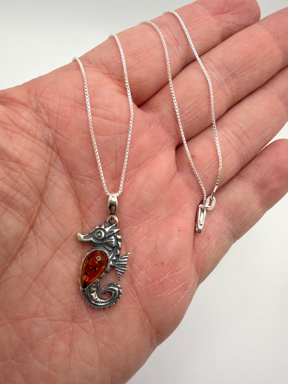 Sterling Silver Seahorse Baltic Amber Pendant – Honey Amber Sea Horse Necklace on Box Chain