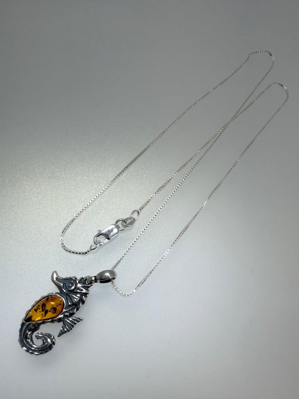 Sterling Silver Seahorse Baltic Amber Pendant – Honey Amber Sea Horse Necklace on Box Chain