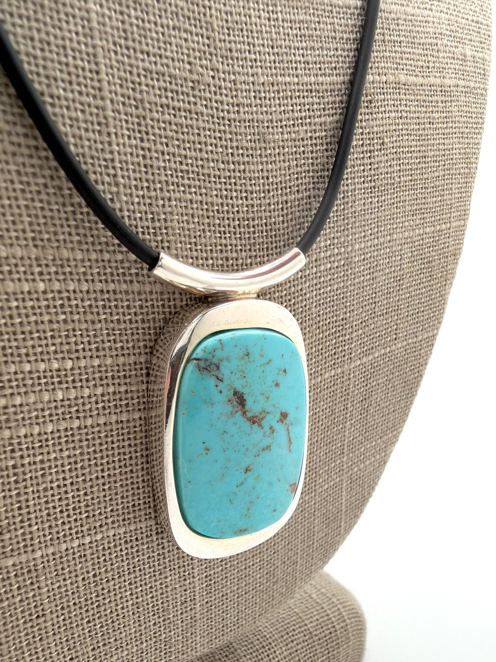 Sterling Silver Sleeping Beauty Turquoise Pendant Necklace – Handmade in Poland – Black Silicone Cord