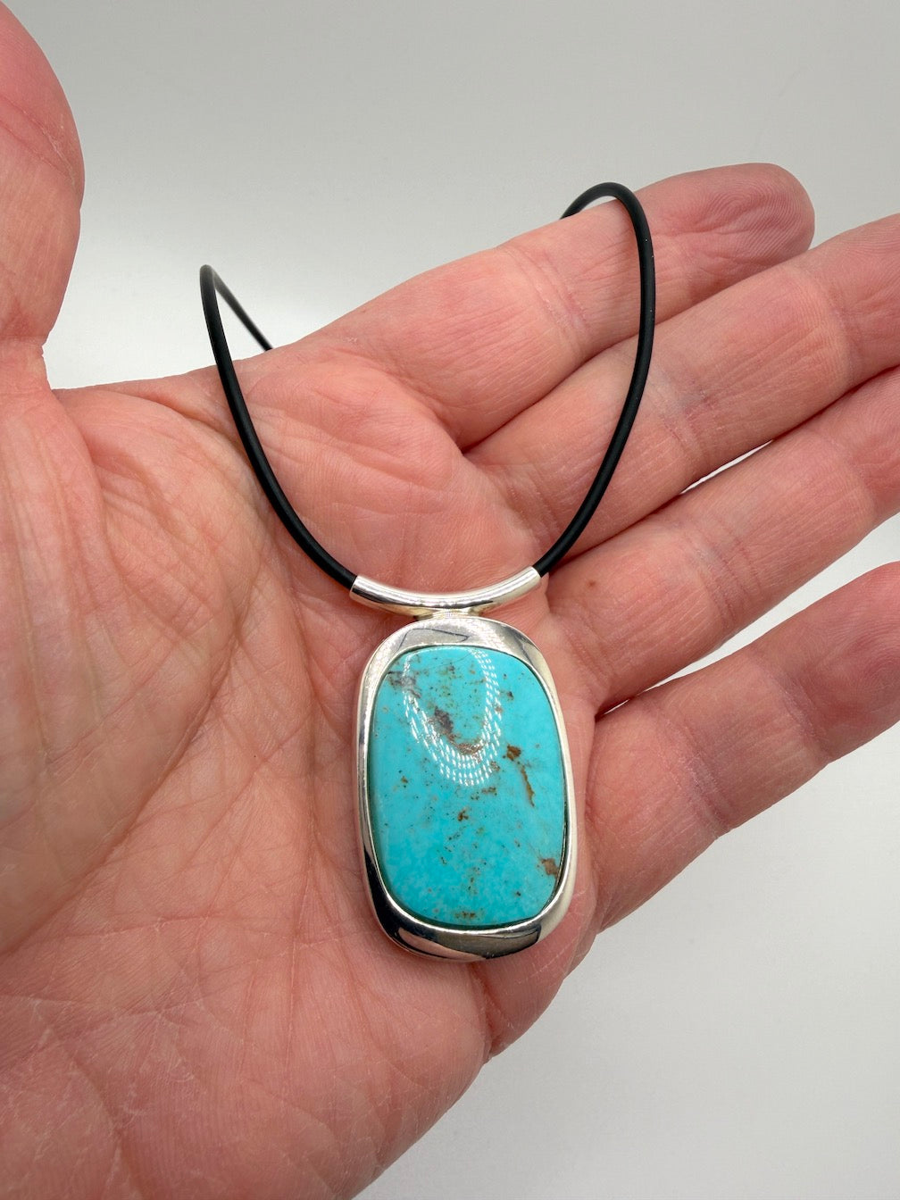 Sterling Silver Sleeping Beauty Turquoise Pendant Necklace – Handmade in Poland – Black Silicone Cord