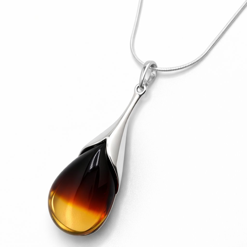 Sterling Silver Sunrise Baltic Amber Jewelry Set – Handmade Pendant & Earrings, Genuine Amber from Poland