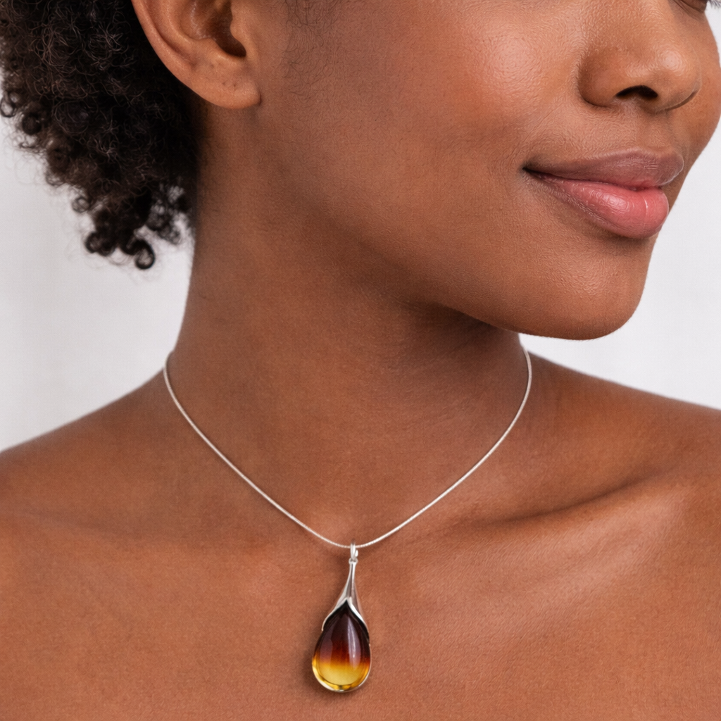 Sterling Silver Sunrise Baltic Amber Jewelry Set – Handmade Pendant & Earrings, Genuine Amber from Poland
