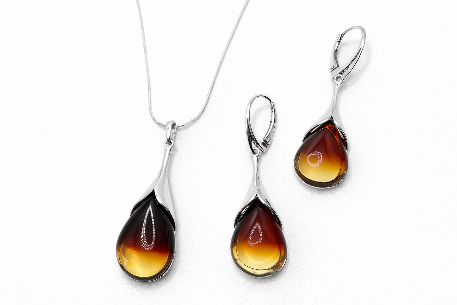 Sterling Silver Sunrise Baltic Amber Jewelry Set – Handmade Pendant & Earrings, Genuine Amber from Poland