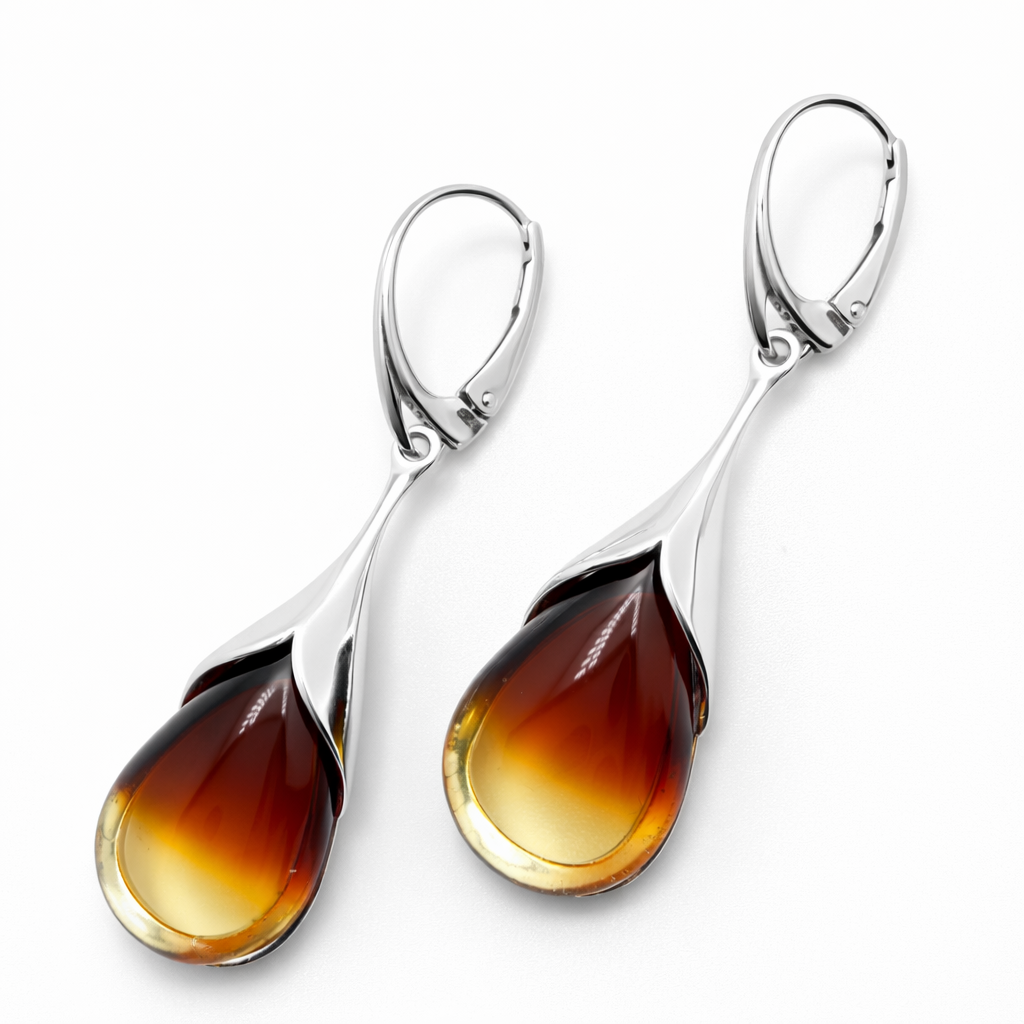Sterling Silver Sunrise Baltic Amber Jewelry Set – Handmade Pendant & Earrings, Genuine Amber from Poland
