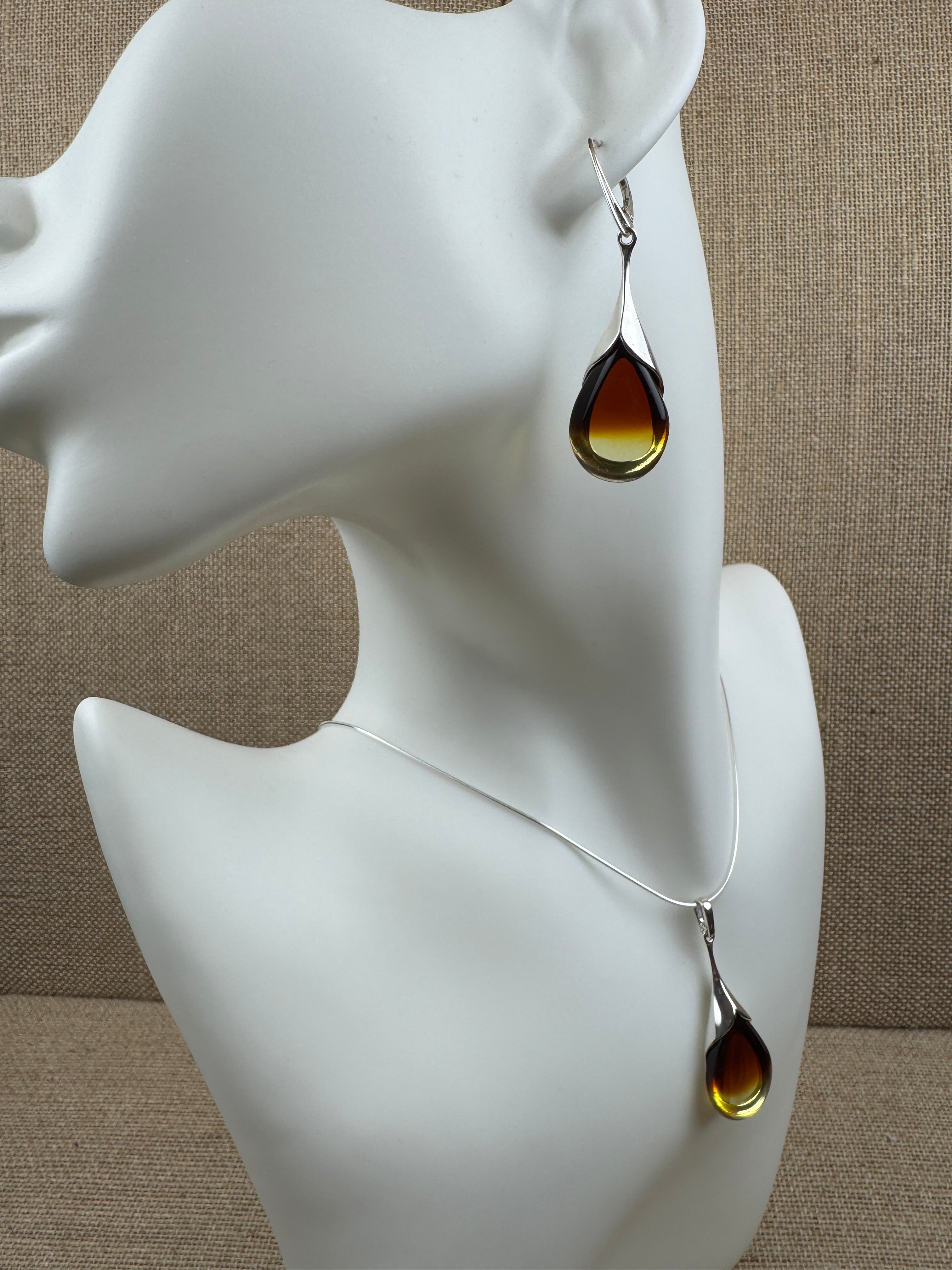 Sterling Silver Sunrise Baltic Amber Pendant & Earrings Set 