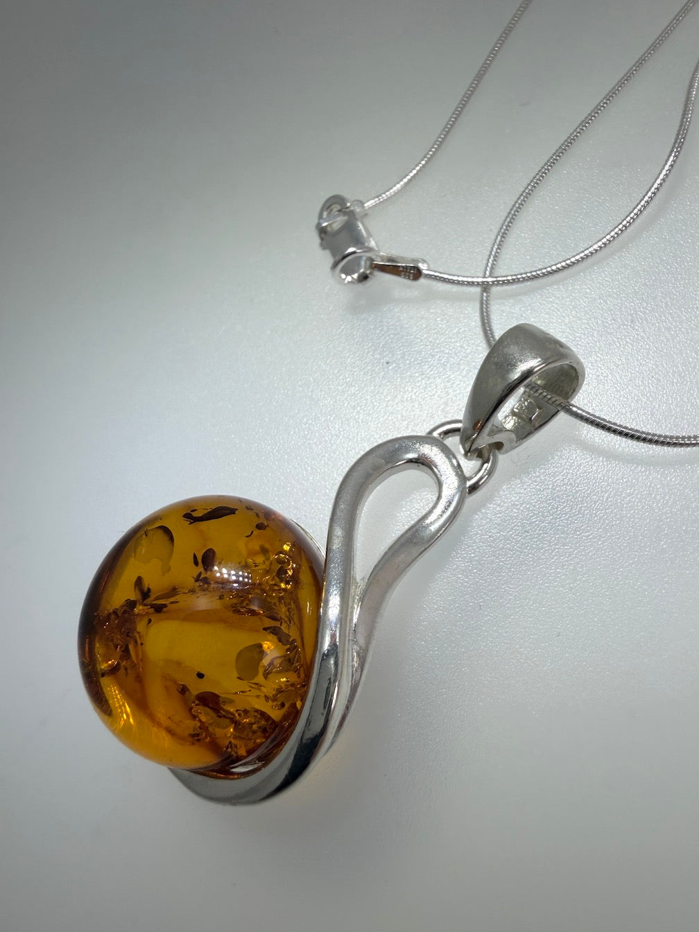 Sterling Silver Swirl Honey Baltic Amber Pendant Necklace – Genuine Baltic Amber Jewelry