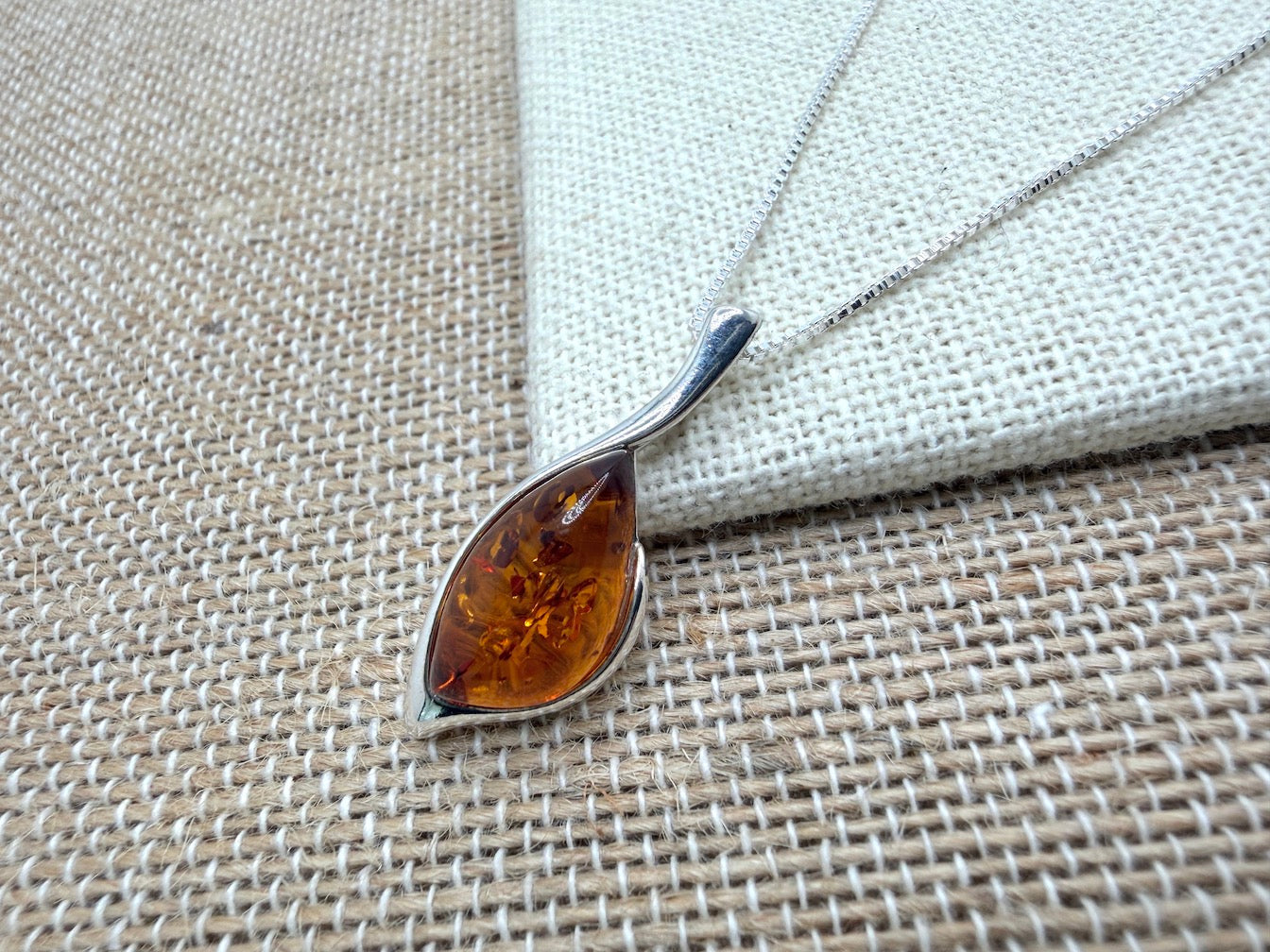 Sterling Silver Teardrop Baltic Amber Pendant – Honey Cognac Amber Necklace on Box Chain