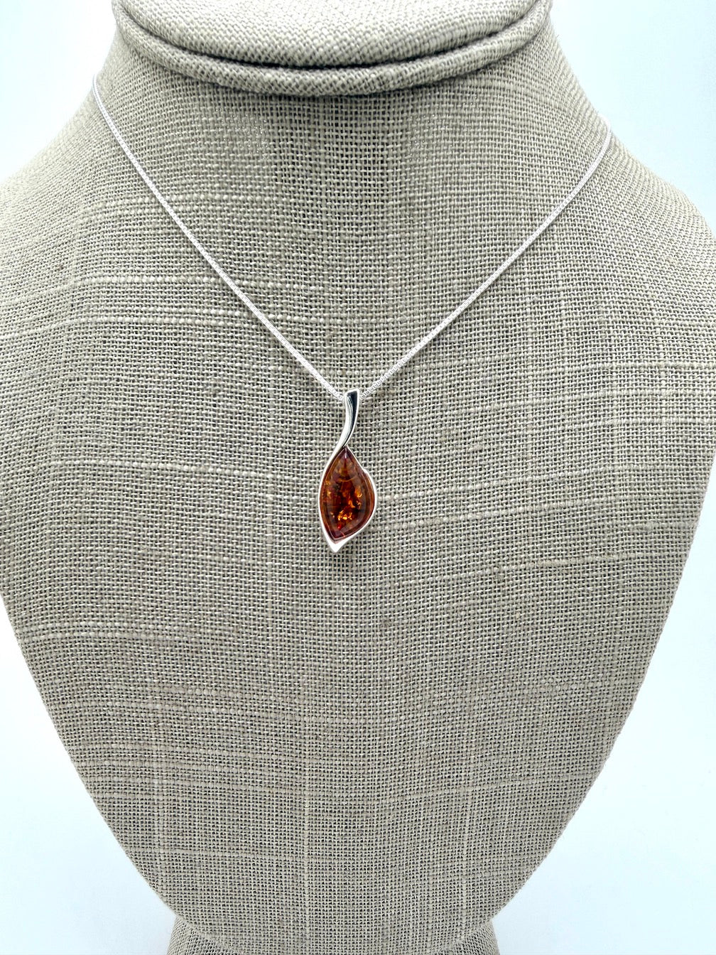 Sterling Silver Teardrop Baltic Amber Pendant – Honey Cognac Amber Necklace on Box Chain