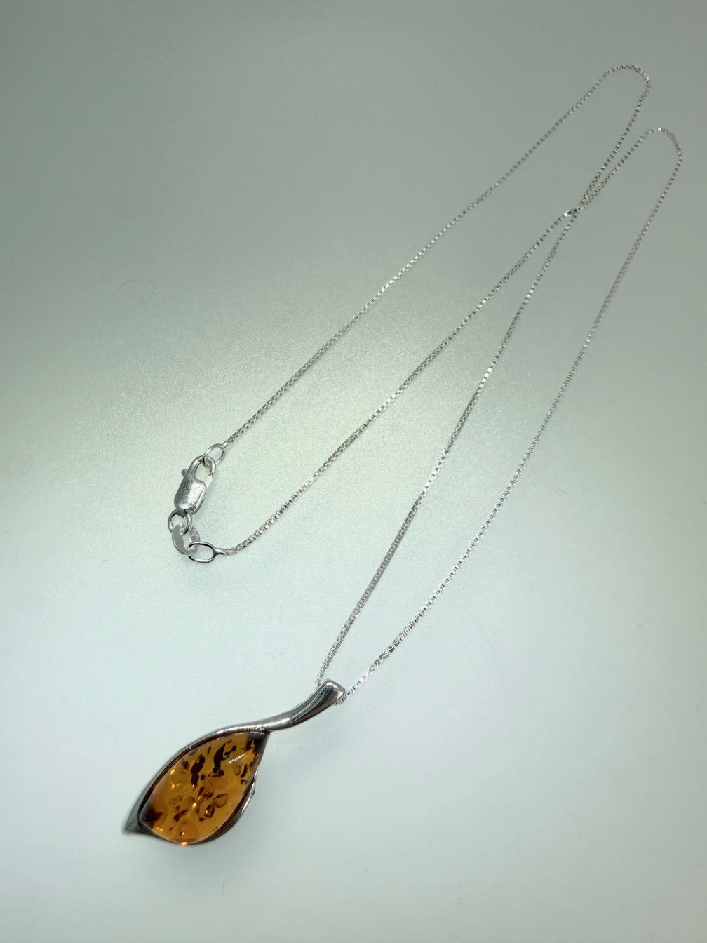 Sterling Silver Teardrop Baltic Amber Pendant – Honey Cognac Amber Necklace on Box Chain