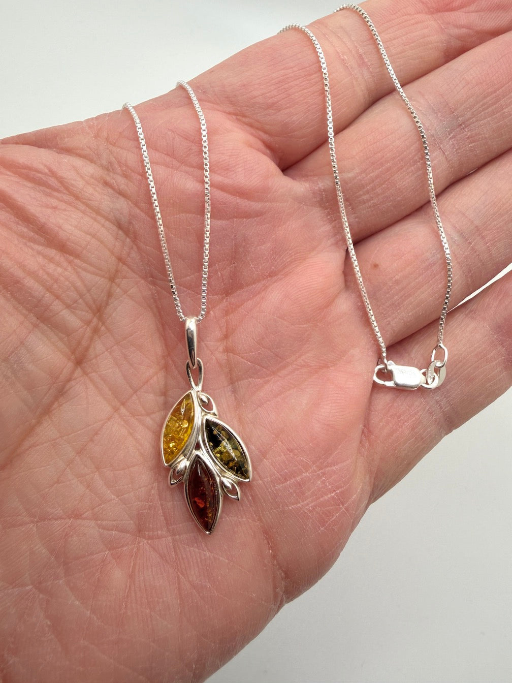 Sterling Silver Three-Stone Baltic Amber Pendant – Handmade in Poland – Marquise Amber Necklace